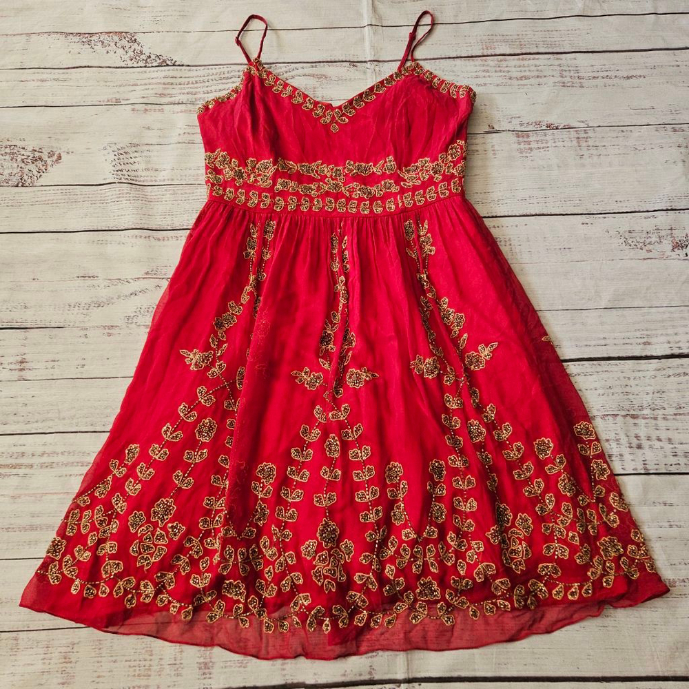 Adrianna Papell Silk Maroon Gold Beaded Cami Mini Dress Floral Evening 10P Y2K